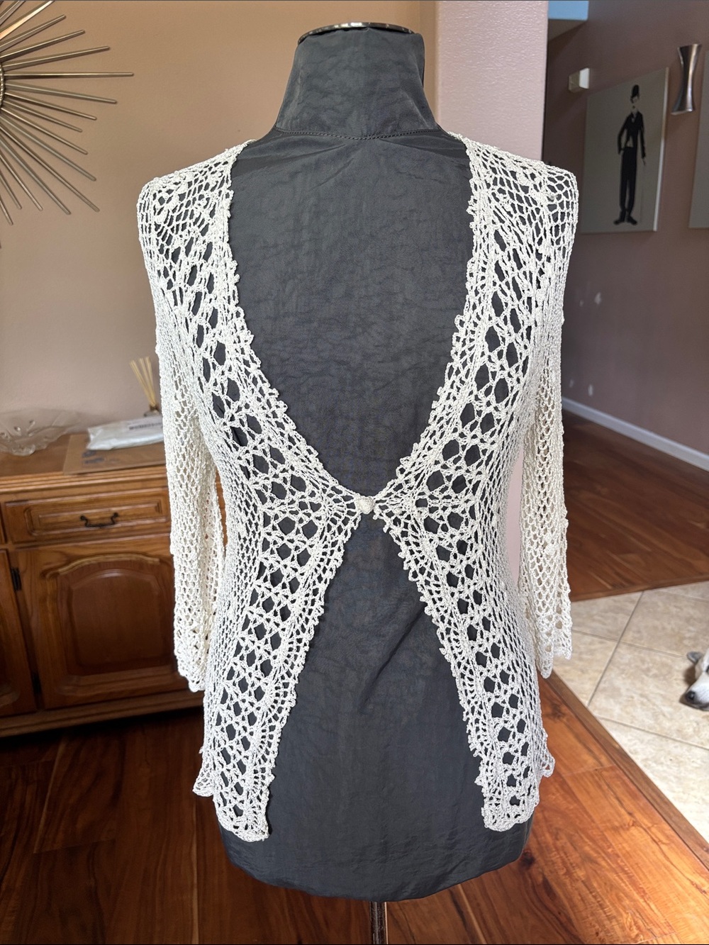 Vintage Open Crocheted Cardigan Sweater - Cream, Size S